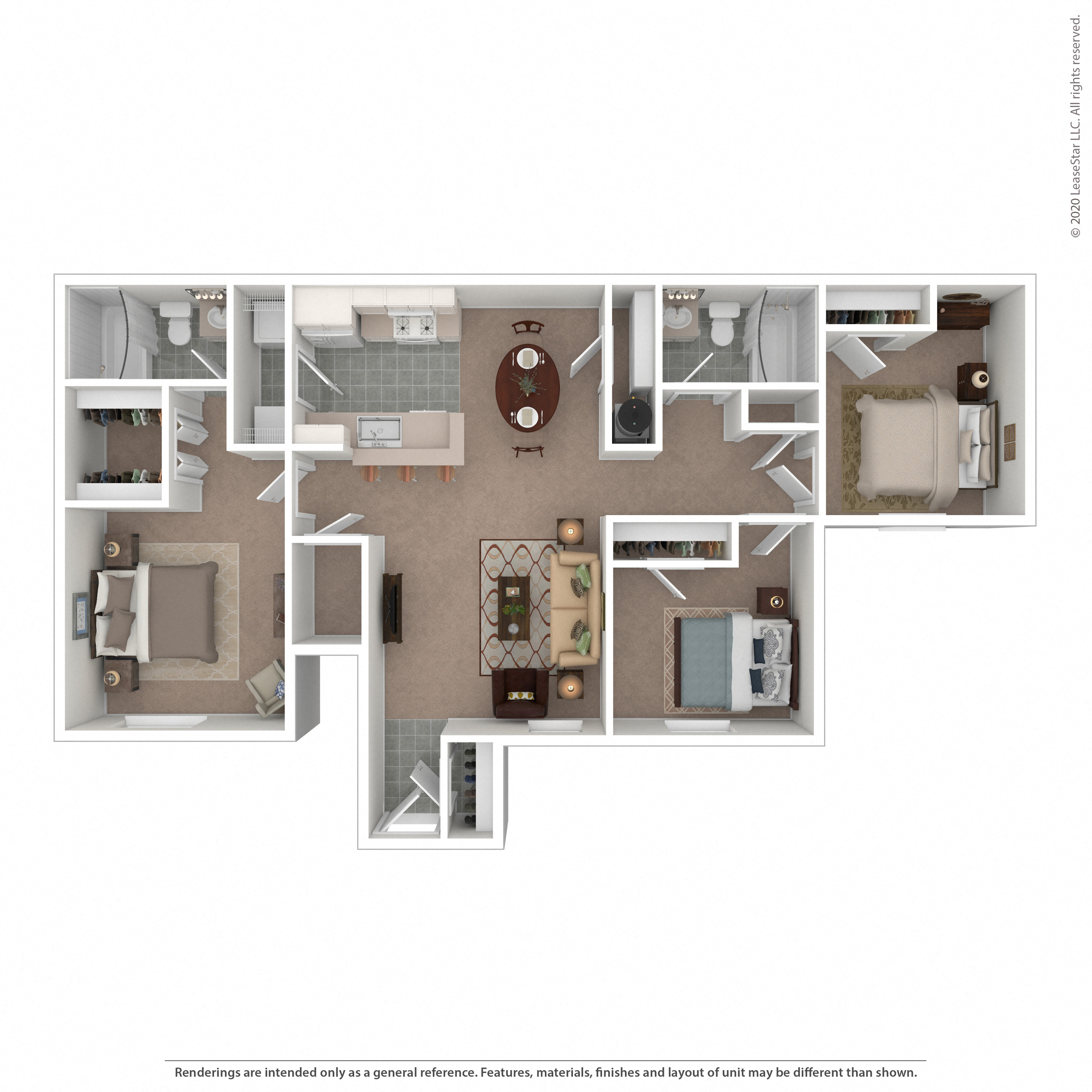 Floor plan for 3 beds, 2 baths, 1187 sqft